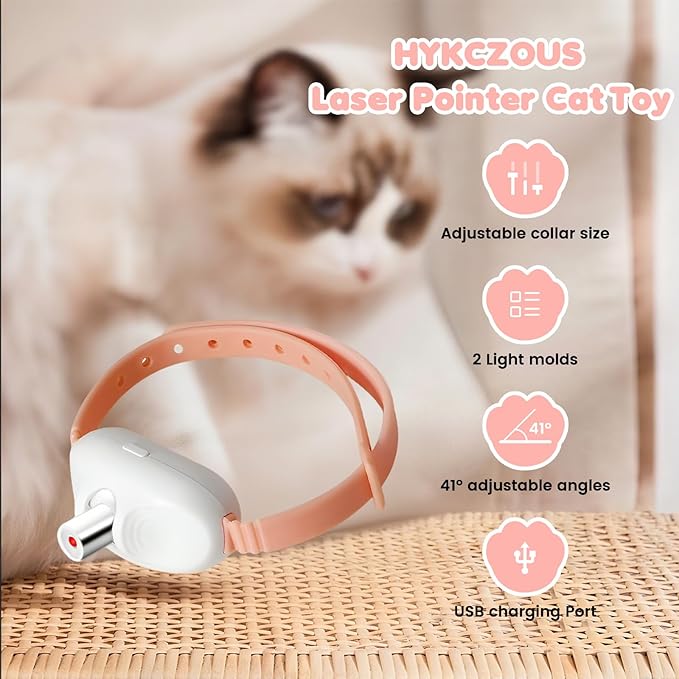 Automatic Laser Collar Cat Toy - Upgraded Laser Cat Toys, Flashing and Lasting modes, 8-12″ Bend Collar & 41°Adjust Angle free hands. Type-C USB Charge 1H and works 12H. Gifts for Ailurophile(Pink)