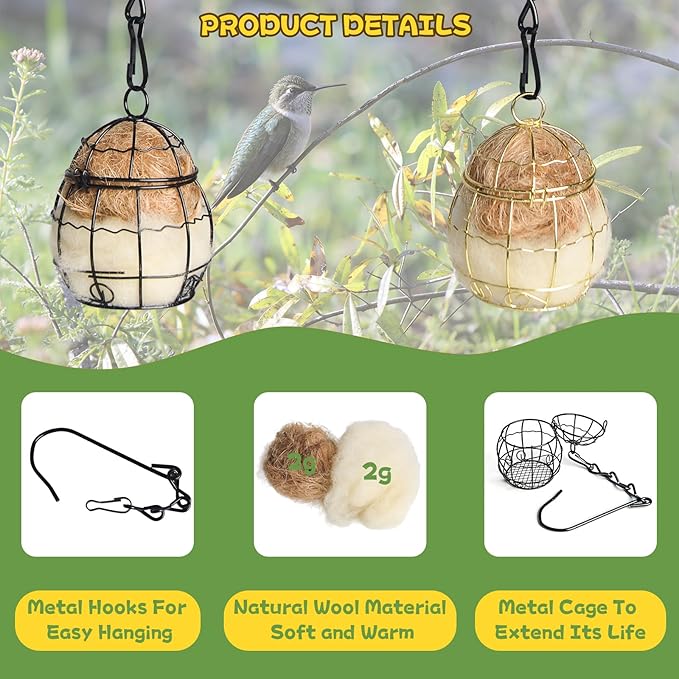 3PCS Bird Nesting Material, Refillable Hummingbird Nesters Cage Holder with Wool Material for Wild Birds Nesting Station, Nesting Balls for Bird Lover Gifts, Bird Watching Gifts for Outdoor Patio
