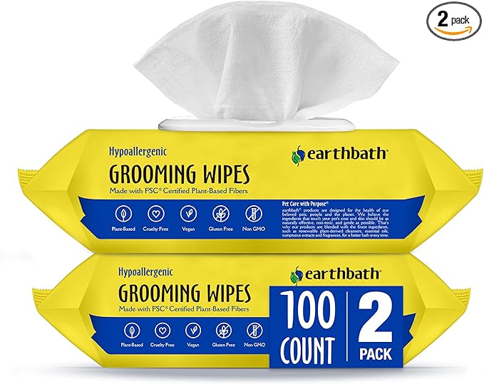 earthbath, Hypo-Allergenic Grooming Wipes - Fragrance Free Dog Wipes for Paws and Butt, Best Pet Wipes for Dogs with Sensitive Skin, Made in USA, Cruelty-Free Dog Cleaning Wipes - 100 Count (2 Pack)