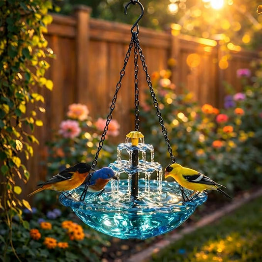 Solar Fountain for Bird Bath，Solar Cascade Hanging Bird Bath Fountain，Large Humming Birds Baths Fountains, with Solars Pump & Glass Bowl, for Outdoor, Gardens (Blue)