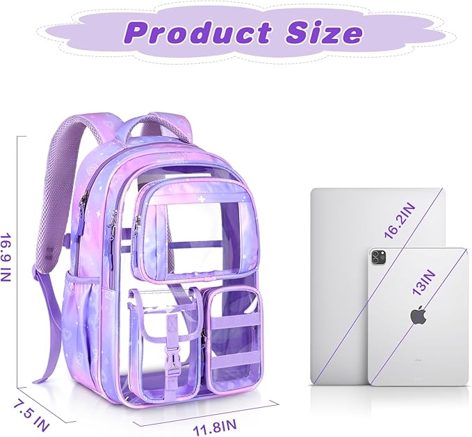 PAMANO Clear Backpack for Girls, Heavy Duty Transparent Bookbag for Kids, See Through Cute Backpacks for Elementary Primary School Work Sport Travel - Purple