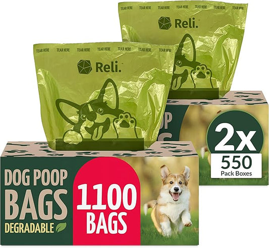 Reli. Biodegradable Dog Poop Bags (1100 Pack, 2 Large Rolls) | 9"x13" Large Poop Bags for Dogs | Unscented, Leak Proof Oxobiodegradable Pet Waste Clean Up | Green Eco-Friendly | Dispenser Box