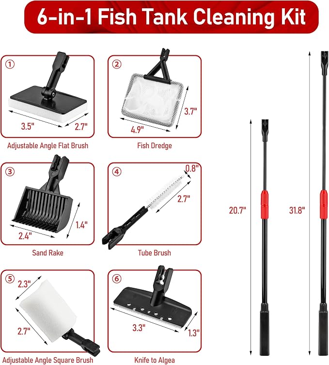 6 in 1 Aquarium Cleaning Tool Algae Scraper for Fish Tank Cleaning | Professiona Fish Tank Cleaning Tool Including Brush Sand Rake Pad with Telescopic Handle Tank Glass Cleaner Kit