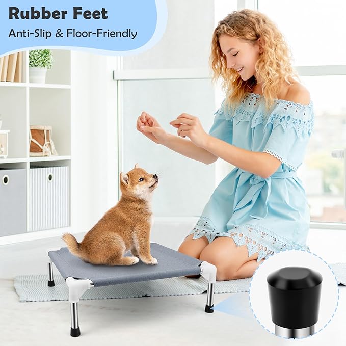 Elevated Dog Bed for Small Dogs, Outdoor Cooling Dog Bed Cot for Small Pets, Indoor Detachable Raised Dog Bed with Non-Slip Feet, Double Layer Polyester Cotton (20" L x 20" W x 6.5" Th)