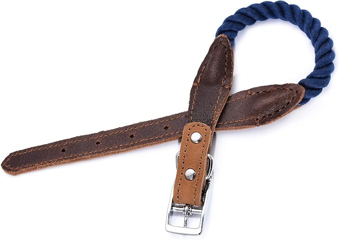 Mile High Life Genuine Leather Dog Collar, Durable Braided Cotton Rope Collar with Metal Pin Buckle for Small Medium Large Dogs (Navy Blue, S Neck 11"-15")
