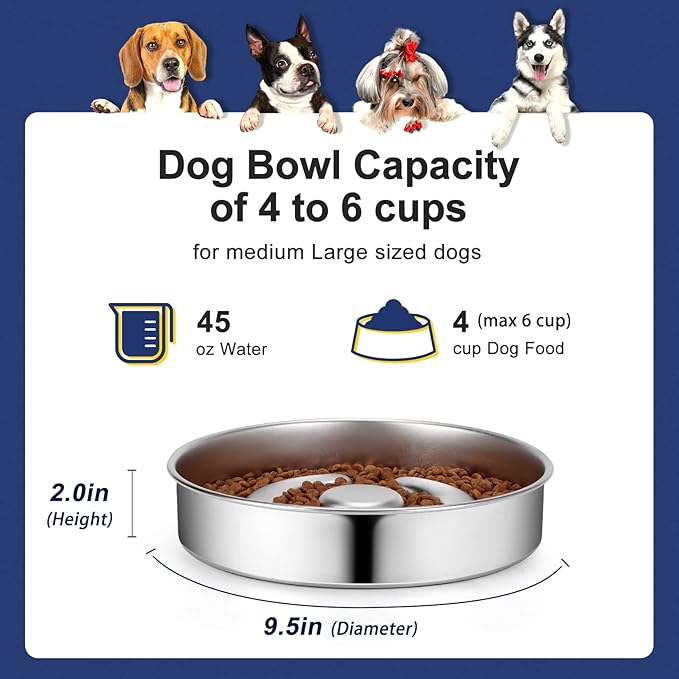 AIPERRO Stainless Steel Non Slip Slow Feeder Dog Bowl, 4 Cups Metal Dog Food Bowls for Medium and Large Dogs, Fun Bloat Stop Pet Bowl Dogs Water Bowl for Fast Eaters, Slows Down Pets Eating