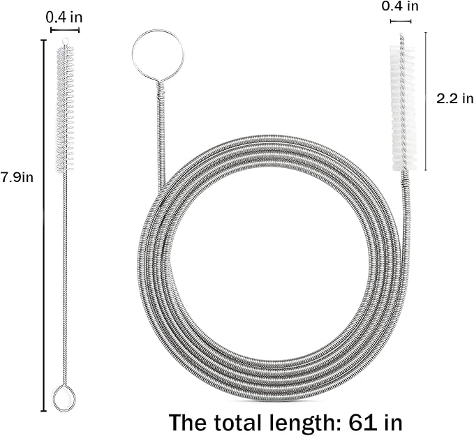 ICEYLI Long Drain Brush Hose Flexible Feeding Tube Brush | 2 PCS 61 Inch Stainless Steel and Nylon Pipe Cleaner Brush and 2 PCS 7.9 Inch Straw Brush