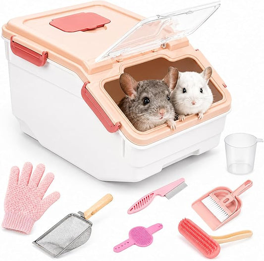Extra Large Chinchilla Sand Bath Container Kit, Plastic Chinchilla Dust Bath House with Wash and Care Accessories, Dust Bathtub for Hamster Hedgehog Guinea Pig and Other Small Animals