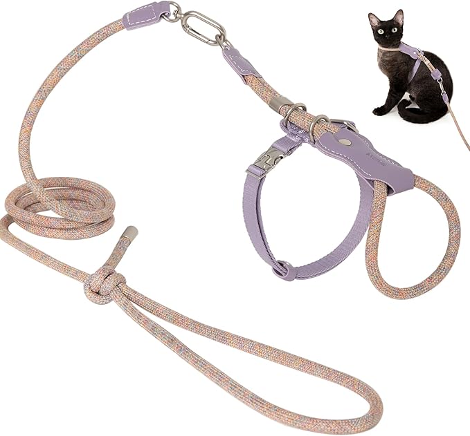 ETIAL Premium Adjustable Escape-Proof Cat Harness & Leash Set with Leather Sliding Back, 4.3ft Nylon Rope, Cross-Strap, Heavy-Duty Buckles for Secure Walking (Hibiscus Purple, Back Length 3.5”-4.7”)