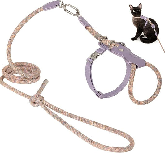 ETIAL Premium Adjustable Escape-Proof Cat Harness & Leash Set with Leather Sliding Back, 4.3ft Nylon Rope, Cross-Strap, Heavy-Duty Buckles for Secure Walking (Hibiscus Purple, Back Length 3.5”-4.7”)