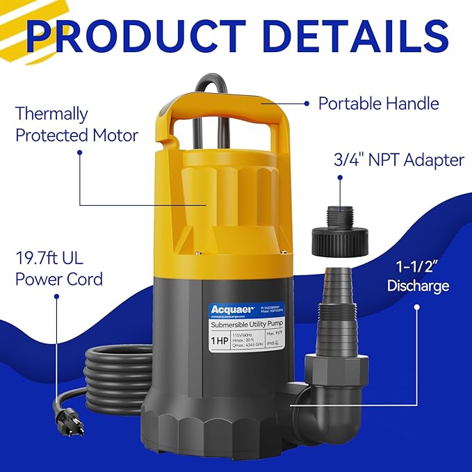Acquaer 1HP Sump Pump, 4345GPH Submersible Water Pump for Water Removal in Hot Tubs, Pools, Basements, and Garden Ponds