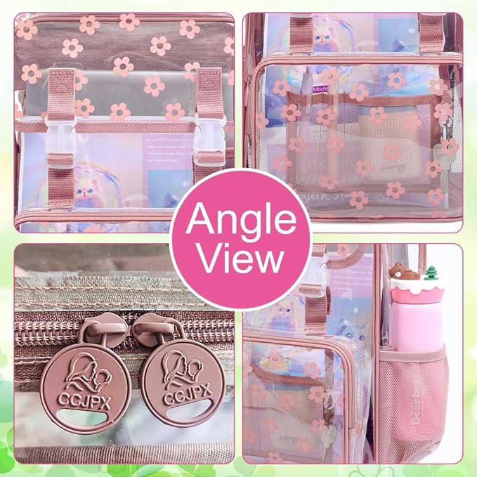 17" Plum Blossom Clear Backpack for Girls - 3Pcs Flip Design Stadium Approved Set, Campus/School Transparent Bookbag (Pink)