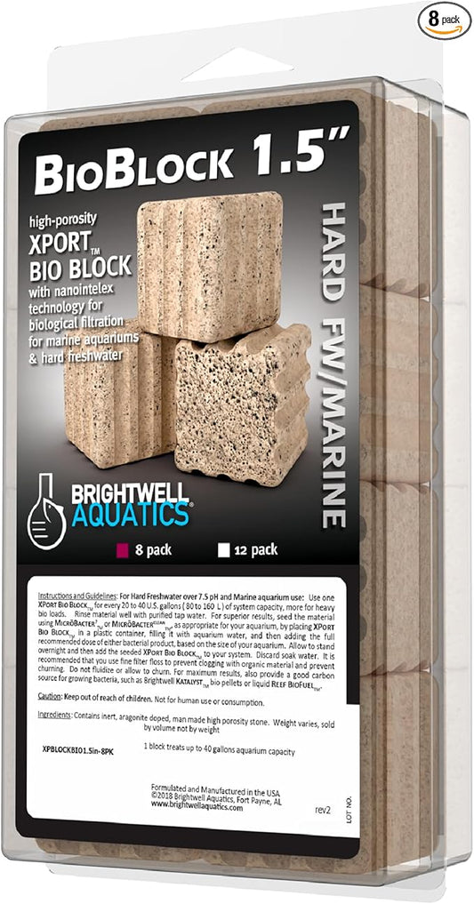 Brightwell Aquatics - Xport-BIO Block Aquarium Filter - Biological Filtration Media for Bacteria Growth, Nutrient Control & Control of Unwanted Nutrients - Aquarium Water Treatments, 8 Pack, 1.5 inch