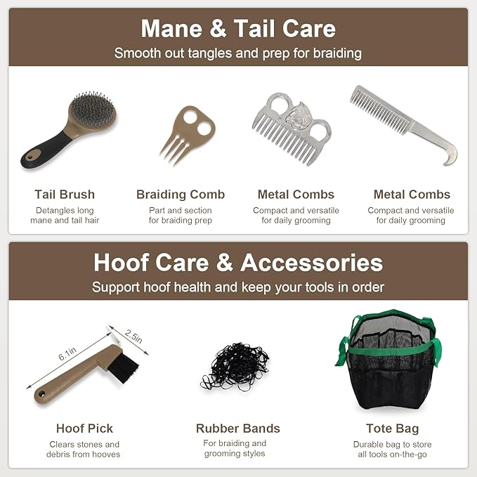 Horse Grooming Kit 14 Pieces, Horse Brushes Set for Grooming & Bathing Supplies, Professional Horse Supplies with Mane & Tail Comb, Curry Comb, Hoof Pick, Gloves & Mesh Tote Bag for Equine Care