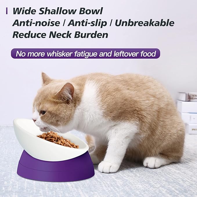 Elevated Cat Bowl, Adjustable Raised Slanted Food Bowl for Cats and Small Dogs, Wide Shallow PP Dish with TPR Non Slip Base, Whisker Friendly, 17 oz