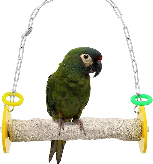 Sweet Feet and Beak Roll Bird Swing - Pumice Perch Bird Toys Trims Nails and Beaks, Safe Bird Cage Accessories for Small and Large Birds, Swinging Toys Birds Will Love, Large 10.5 Inches - Yellow