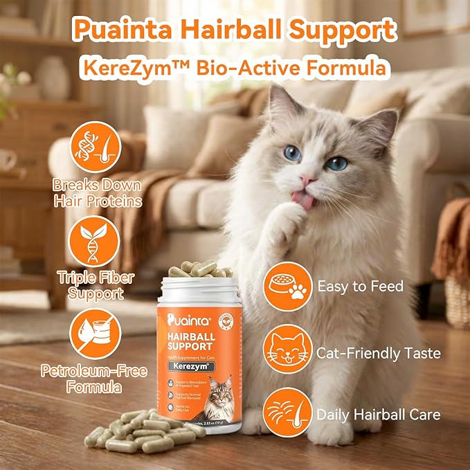 PUAINTA Cat Hairball Control – Alternative to Hairball Gel & Paste, Hairball Remedy for Cats, No Mineral Oil, Easy Capsule Supplement for Hairball Relief, Reduce Shedding, Skin & Coat, 90 Count