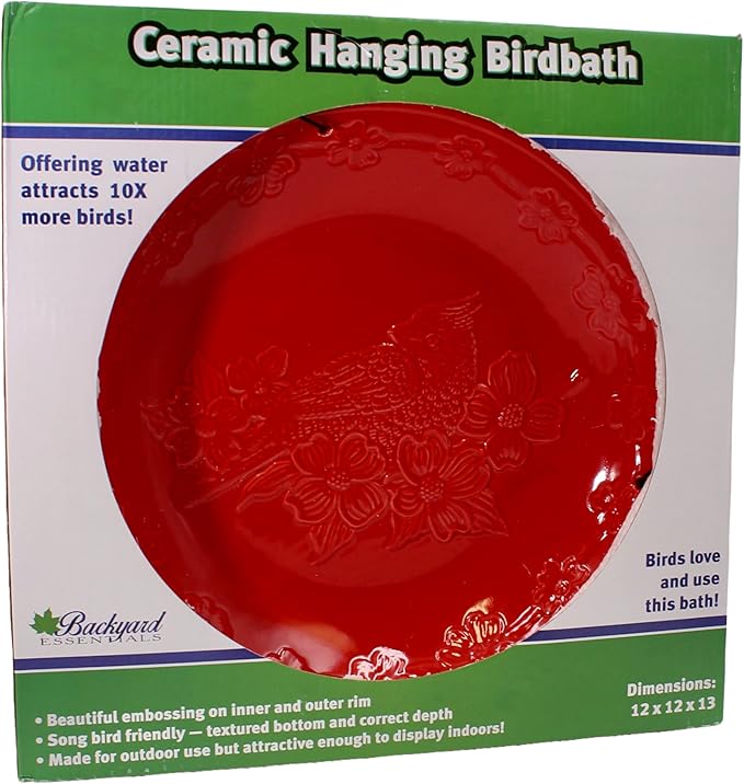 Red Ceramic Bird Bath Bowl - Hanging Bird Baths for Outdoors - 12-Inch Glazed Ceramic Bowl with Embossed Cardinal & Dogwood Design - Metal Chain & Hook