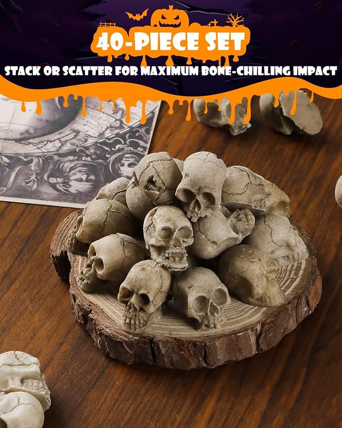 Uniclife 40 Pcs Halloween Mini Skull Decorations, Halloween Fish Tank Decor, Realistic Resin Mini Skulls Figurines for Party Crafts Bar Home, Vase Fillers, Miniature Skeleton Head Table Decor