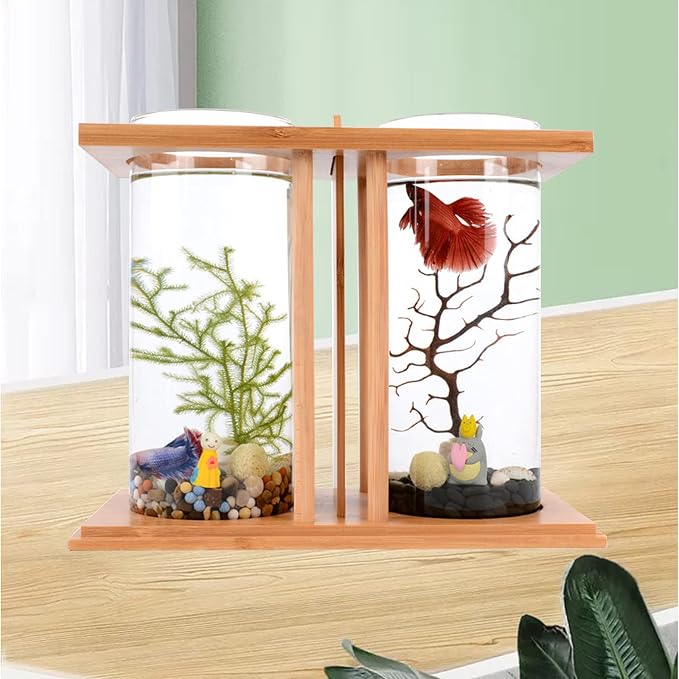 Desktop Mini Fish Tank, Dual Cylinder Glass Aquarium with LED Light, Bamboo Frame 360° View, Small Betta Goldfish Tank for Home Office Desk, 3.35 inch Diameter