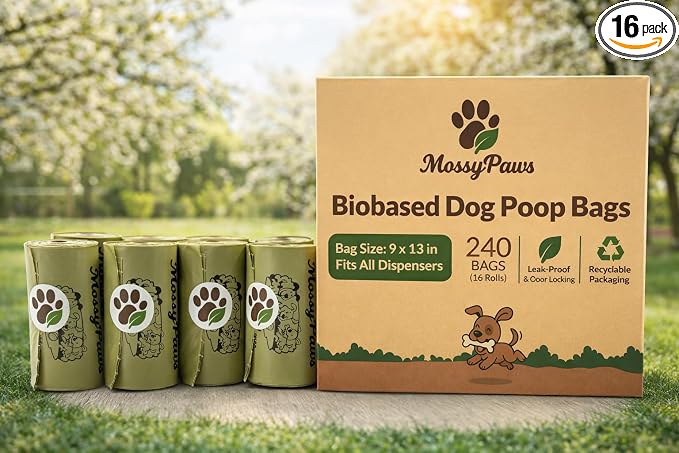 MossyPaws Biobased Dog Poop Bags – 240 Count (16 Rolls) – Plant-Based, Leak-Proof, Durable – Eco-Friendly Pet Waste Bags with Recyclable Packaging – 9x13 Inch – Fits All Dispensers