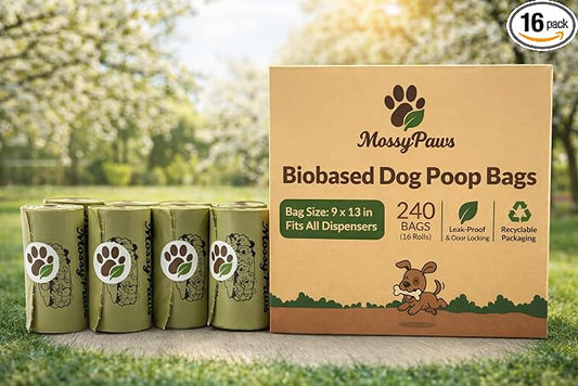 MossyPaws Biobased Dog Poop Bags – 240 Count (16 Rolls) – Plant-Based, Leak-Proof, Durable – Eco-Friendly Pet Waste Bags with Recyclable Packaging – 9x13 Inch – Fits All Dispensers