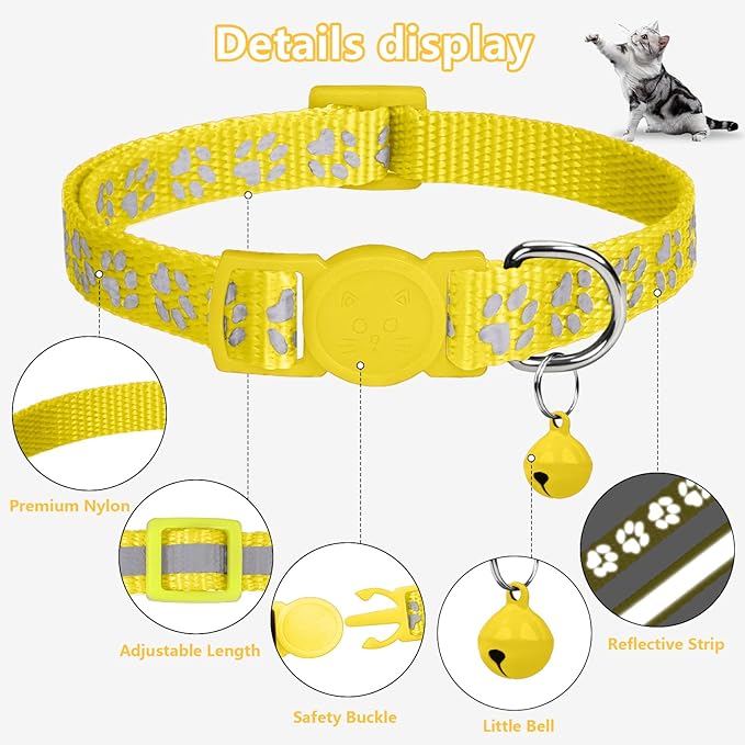 Taglory Reflective Cat Collar Breakaway with Bell, High Visibility Night Strip, Lightweight Adjustable Nylon Collar for Boy Girl Cats, 2 Pack, 7.5-12.5 Inch, Yellow
