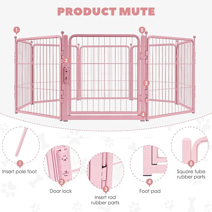 Pink Dog Playpen for Small Dogs & Puppies - 24 Inch Metal Pet Fence Indoor Outdoor with Door, Foldable Exercise Pen, Portable Rabbit Enclosure for Camping, RV, Yard (8 Panels)