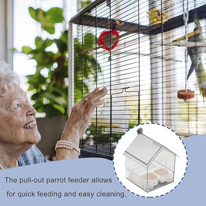 Pull-Out External Parrot Feeder,2025 New Multi-Function Hanging Mess-Free Bird Feeder,with Two Food Troughs, Pull-Out Design,Easy to Fill/Clean,Long-Lasting Outdoor Use for Finch and Hummingbird