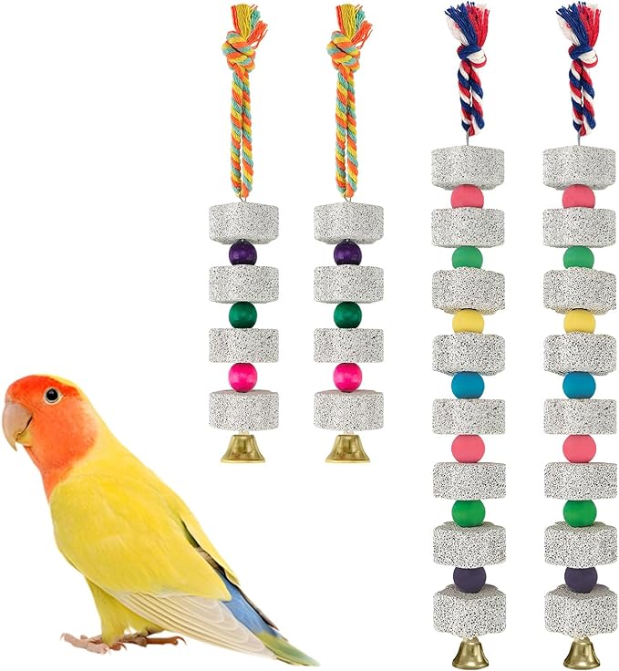 4 Pack Parrot Chewing Toys, Bird Beak Grinding Calcium Stone with Bell, Lava Mineral Block Cage Accessories for Parakeet Budgie Macaw Cockatoo Cockatiel Rat, Long+ Short