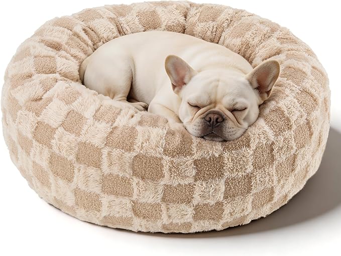 Dog Calming Beds for Small Medium Large Dogs - Round Donut Washable Puppy Dog Bed, Anti-Slip Faux Fur Fluffy Donut Cuddle Anxiety Cat Pet Bed (28" Grid)