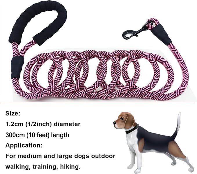 MayPaw Heavy Duty Rope Dog Leash, 3/4/5/6/7/8/10/12/15 FT Nylon Pet Leash, Soft Padded Handle Thick Lead Leashes for Large Medium Dogs (Pink Black, 1/2" * 10')