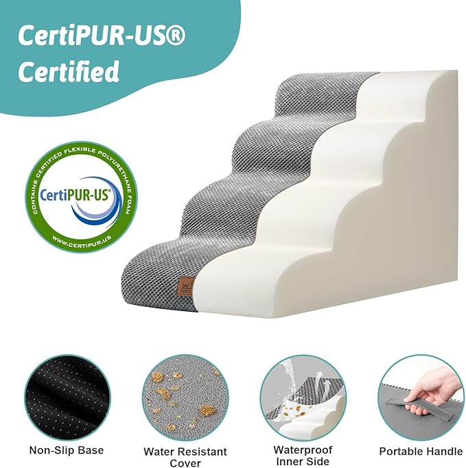 COZY KISS Dog Stairs for Small Dogs 19.7" H, Curved Dog Step for Puppy, Older or Cat, Medium Pet Ramp for Sofa, Couch or Bed, Ladder with High Density Foam, 4 Step, 15.7x28.3x19.7 inch, Grey