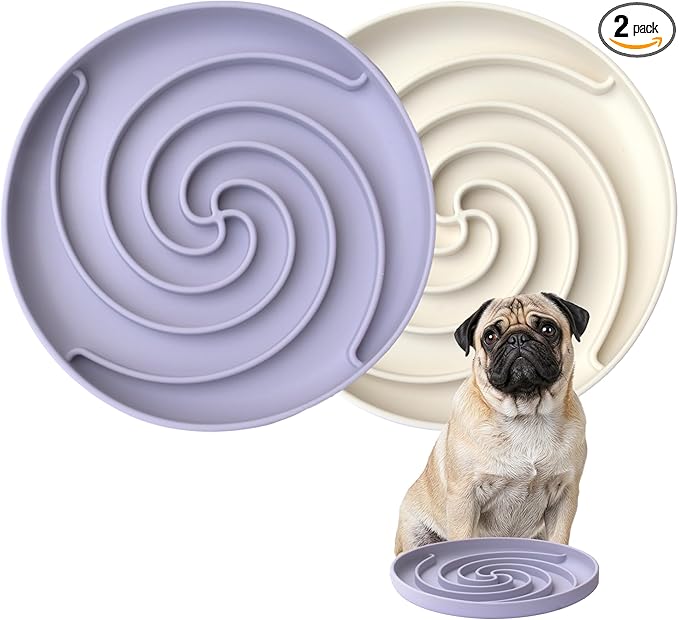 Bifeaw Slow Feeder Dog Bowls, Dishwasher Microwave Safe Silicone Puppy Puzzle Bowl with Non-Slip Design for Eating (White and Purple)