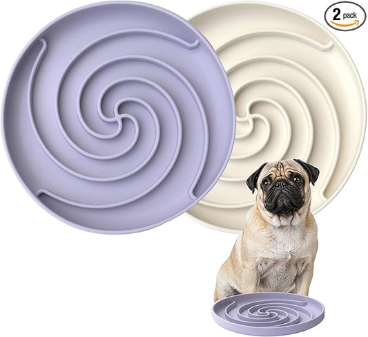 Bifeaw Slow Feeder Dog Bowls, Dishwasher Microwave Safe Silicone Puppy Puzzle Bowl with Non-Slip Design for Eating (White and Purple)