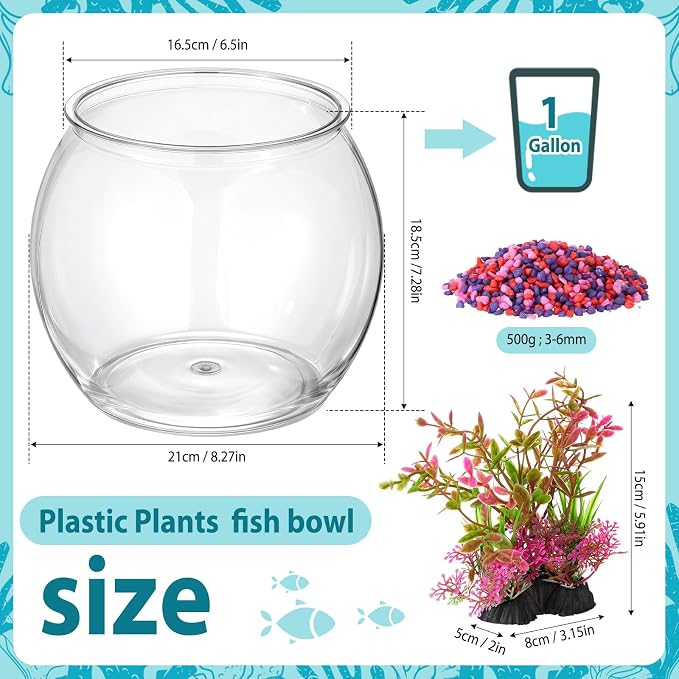 1 Gallon Plastic Fish Bowl,Red,Red Aquatic Plant | with Artificial Plastic Plant and 1lb Decorative Gravel, Clear Round Goldfish Fish Tank for Table Centerpiece Home Decor