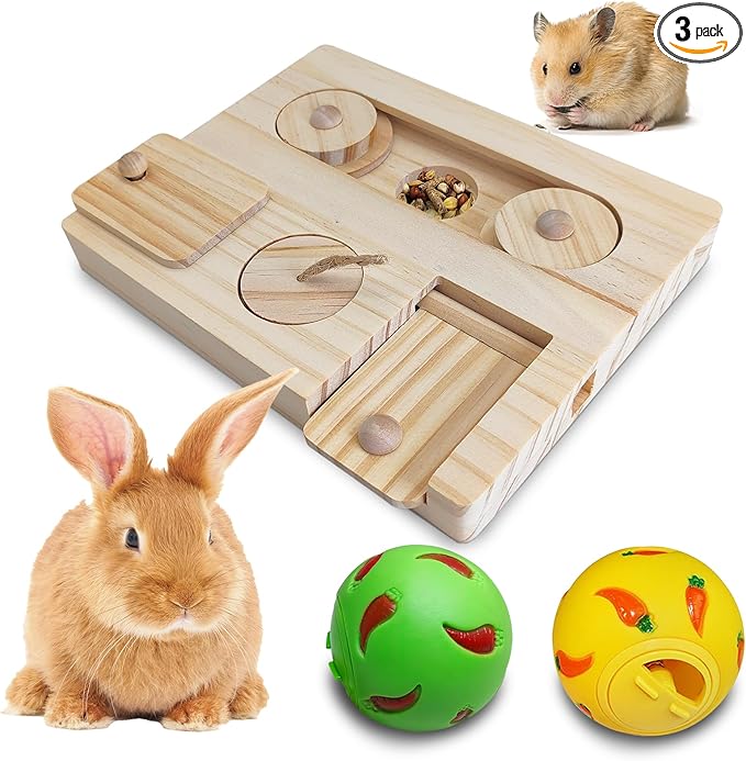 PINVNBY Guinea Pig Foraging Toy Sniff n' Snack Bunny Chew Toys Small Animal Wooden Enrichment Toys with 2 Balls Interactive Treat Dispenser for Rabbit Hamster Chinchillas Rats and Gerbils