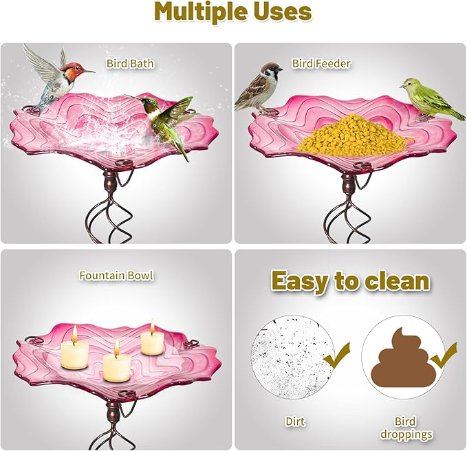 HONGLAND Bird Baths for Outside,12" Small Pink Glass Birdbaths Outdoor,Detachable Bird Feeder with Metal Stake for Garden Yard Patio Decor,32" Height
