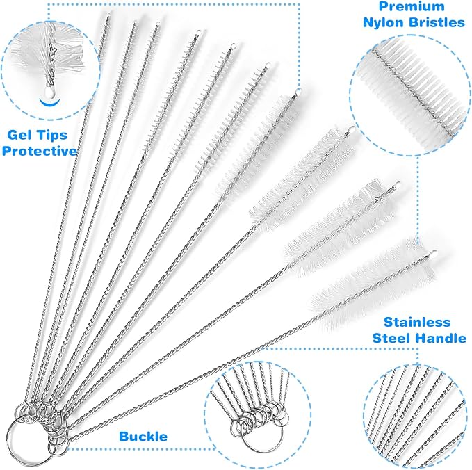 Ixiaoyoo 11 Pcs Cleaning Brushes Set, 8 Inch + 60 Inch Cleaner Brushes | White Nylon Brushes Kit for Bottles, Tumbler, Sippy Cups, Pet Waterers, Drinking Straws, Pipes, Sink Drain, Fish Tank, Hose