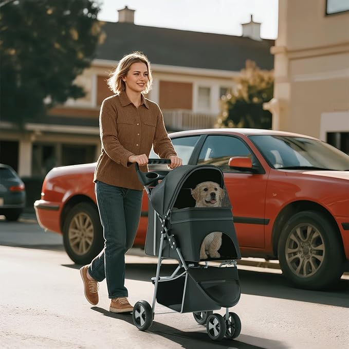 Pet Stroller for Small Dogs 10 lbs, Dog Stroller for Medium Dogs 30 lbs, Cat Strollers for 2 Cats, 3 Wheels Foldable Jogger Puppy Stroller with Storage Basket and Cup Holder, Black Polka Dots