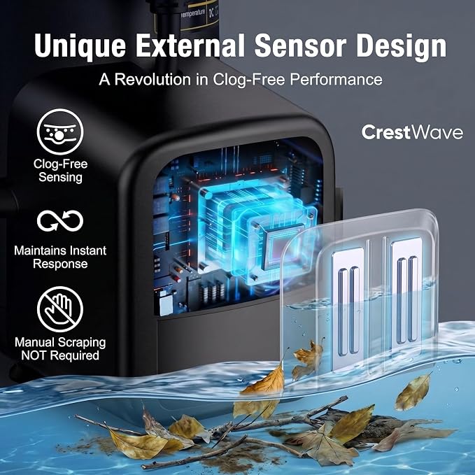 CrestWave Automatic Pool Cover Pump & Submerible Sump Pump, 1/3HP | Unique External Sensor Switch - Clog-Free, Stays Responsive, Auto 2-in-1 Pump, w/3/4” Check Valve Adapter