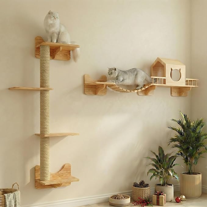 NOVGOBHOT Cat Shelves for Wall – Cat Climbing Furniture Set for Large Cats with House, Bridge Ladder, 3 Scratching Posts & 5 Steps