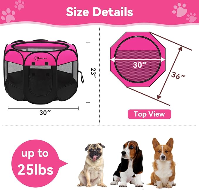 Siedihit Dog Playpen, Medium Puppy Pet Playpen, Dog Crate Tent Cage Indoor/Outdoor, Portable Pop Up Dogs Kennel Playpen with Carrying Case for Dogs/Cats/Rabbits, Hot Pink