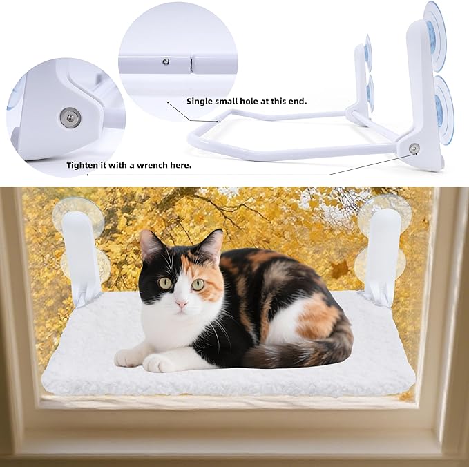 SMOUATOU Cat Window Perch, Cordless Foldable Cat Hammock Bed with 4 Suction Cups, Embeded Machine Washable Bed for Indoor Cats, Strong Metal Frame Holds 40lbs (Beige)