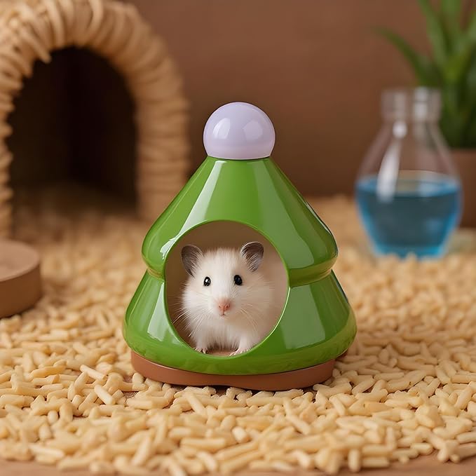 Ceramic Hamster Hideouts, Pine Tree Shaped Cave, Waterproof Habitat House, Cozy Bed Design, Sturdy Pet Shelter, Ideal for Chinchilla, Squirrel, Hedgehog, Hamster, 5.51x5.51x6.3 Inches