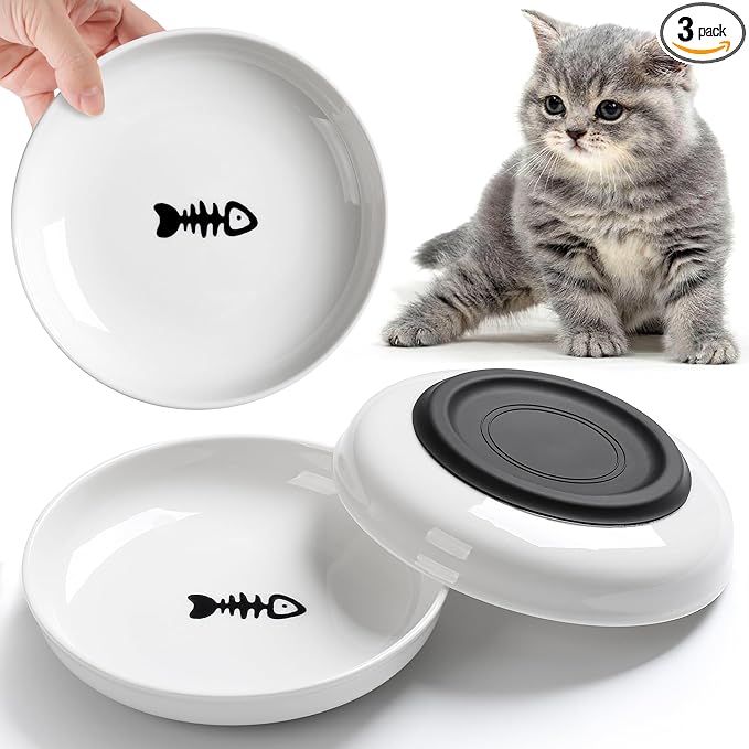 WROSWT No Spill Cat Bowls,Cat Food Bowl,Anti Whisker Fatigue Healthy Ceramic Cats Dishes Set for Indoor Cats,Shallow Wide Kitten Plates for Food and Water,Non-Slip Silicone Bottom,3 Pack