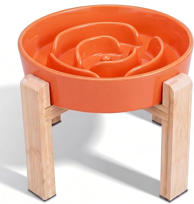 Elevated Slow Feeder Dog Bowl Large Breed, 8.8 Inch Ceramic Slow Eating Bowl with Bamboo Stand, Anti-Choking Raised Maze Design for Medium to Large Dogs, 3.2 Cup, Orange
