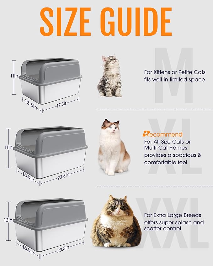 Powools Stainless Steel Cat Litter Box, Metal Litter Box with Scoop, High- Sided, Anti-Leakage Top Entry, Non-Sticky, Easy to Clean, 8-Inch Splash-Proof Deep Pan, Grey, XXL (1 Pack)
