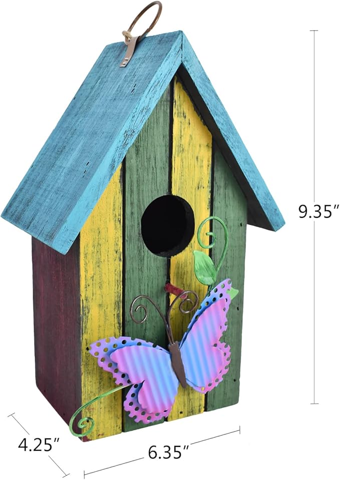Bird House for Outside Hanging Rustic Wood Bird House Outdoor Garden Patio Hand Painted Decorative Birdhouse for Finch Bluebirds Sparrows Chickadees Cardinal (Butterfly)