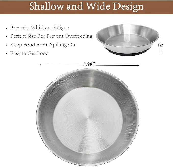 2 Pack Stainless Steel Whisker Friendly Shallow and Wide Cat Bowls for Food and Water, Non-Slip Silicone Cute Bottom for Small Dog Puppies Cats.